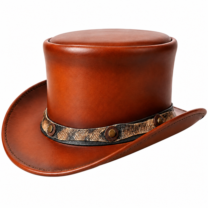 Brown Genuine Leather Top Hat Western Cowboy Steampunk Victorian Gothic Unisex