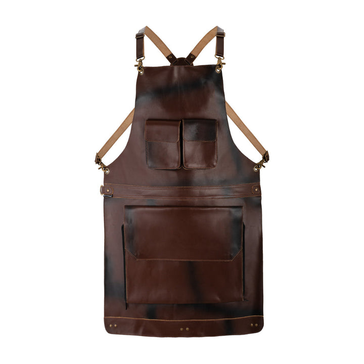 Dark Brown Full Grain Leather Apron with Cross Back Straps  Utility Pockets