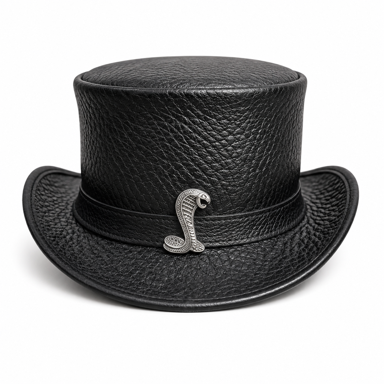 Handmade Black Leather Top Hat Gothic Steampunk with Metal Emblem Cosplay Festival Style