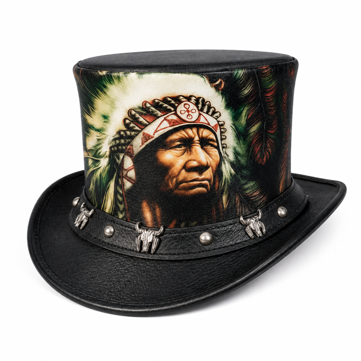 Handmade Black Leather Top Hat Painted Native American Chief Festival Steampunk Hat