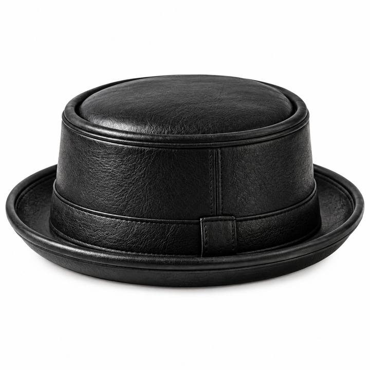 Handmade Black Leather Pork Pie Hat Vintage Gothic Steampunk Unisex Costume Hat