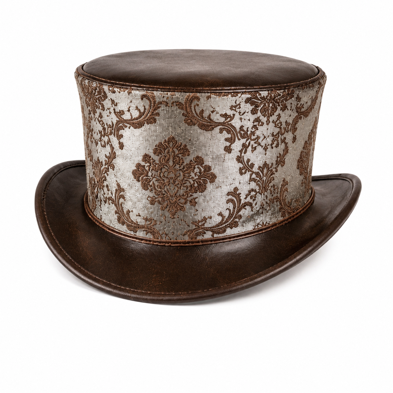 Unisex Leather Top Hat with Damask Band  Steampunk Victorian Style