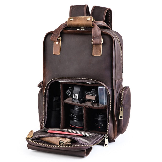 Large Leather Backpack Camera Bag with Tripod Holder