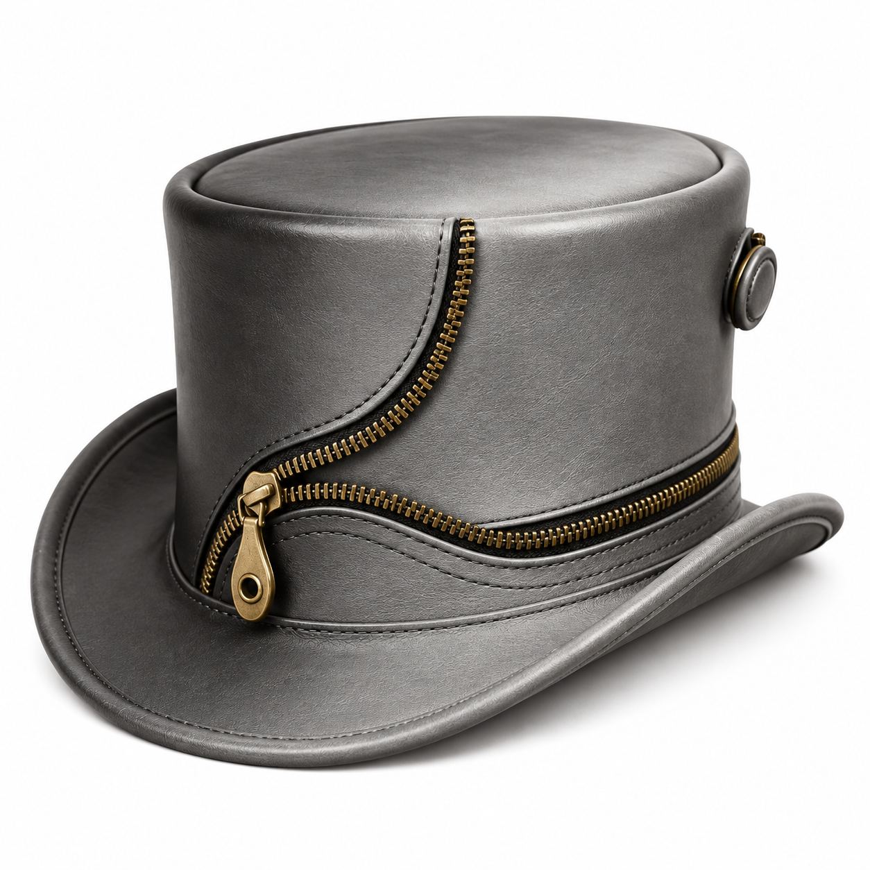 Handmade Grey Genuine Leather Steampunk Top Hat Brass Zipper Gothic Cosplay Hat