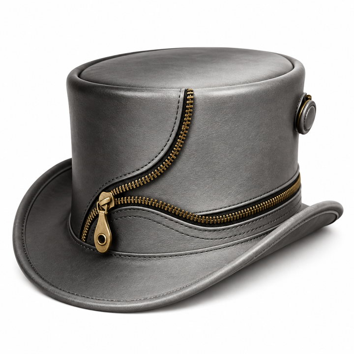 Handmade Grey Genuine Leather Steampunk Top Hat Brass Zipper Gothic Cosplay Hat