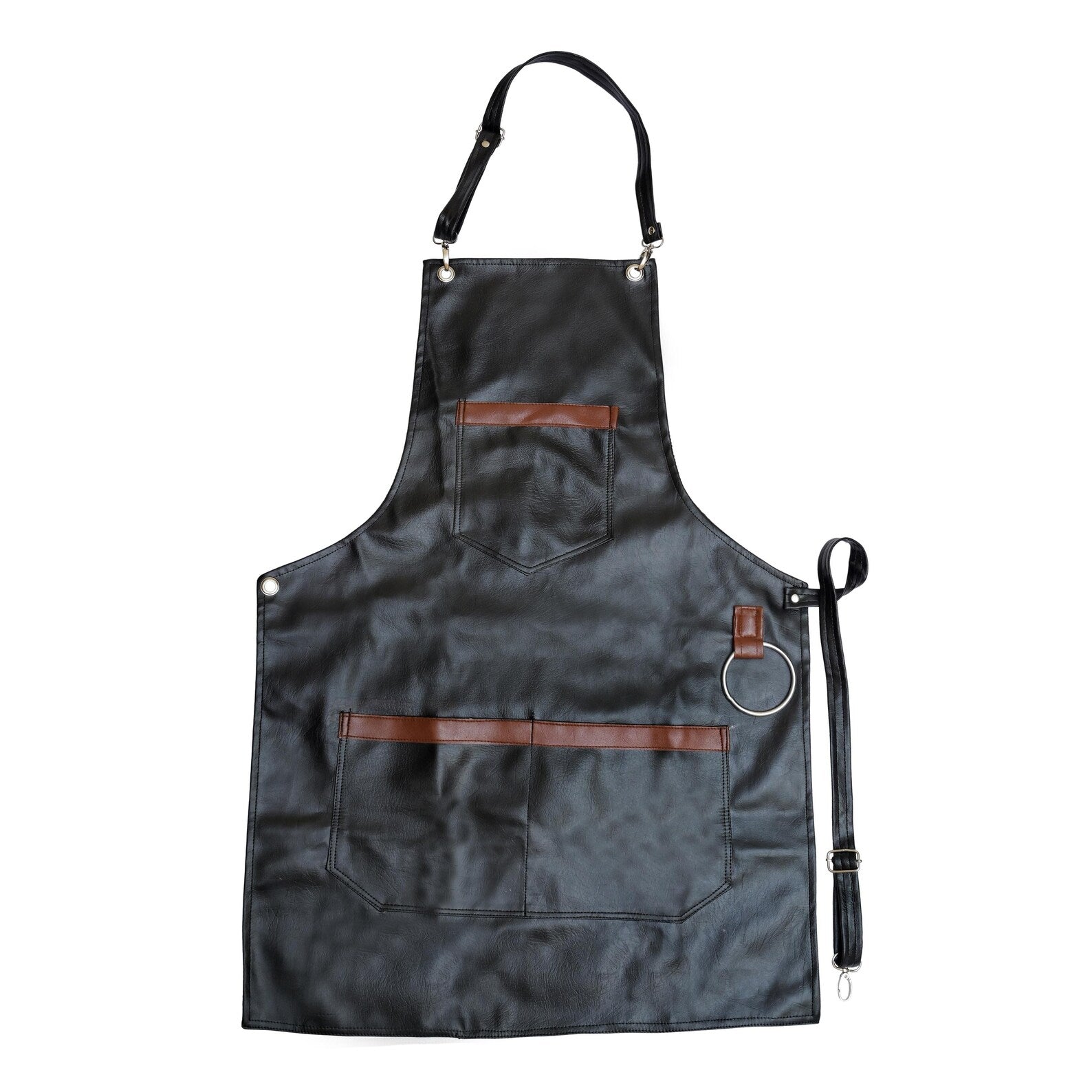 Black Leather Barber Apron Adjustable with Pockets