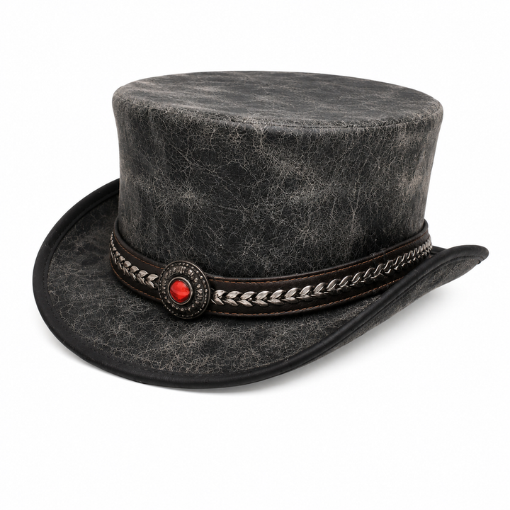 Distressed Leather Top Hat with Chain Band and Red Stone Accent  Unisex Handmade Headwear