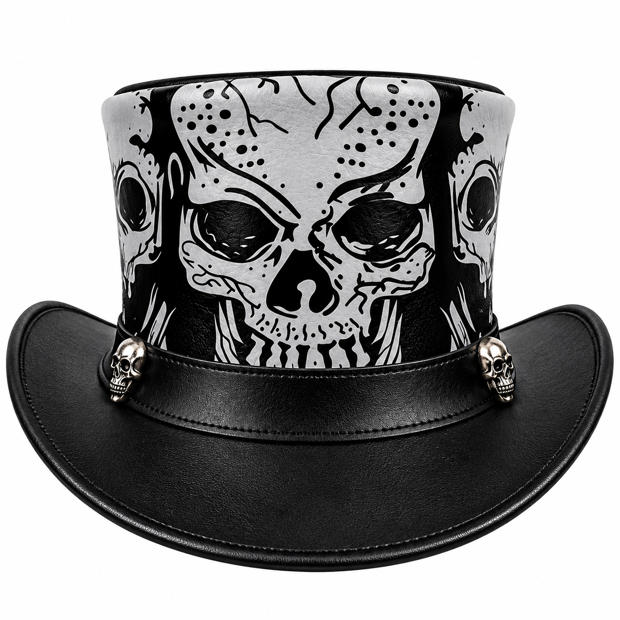 Black Genuine Leather Skull Top Hat Silver Gothic Steampunk WesternCowboy Unisex