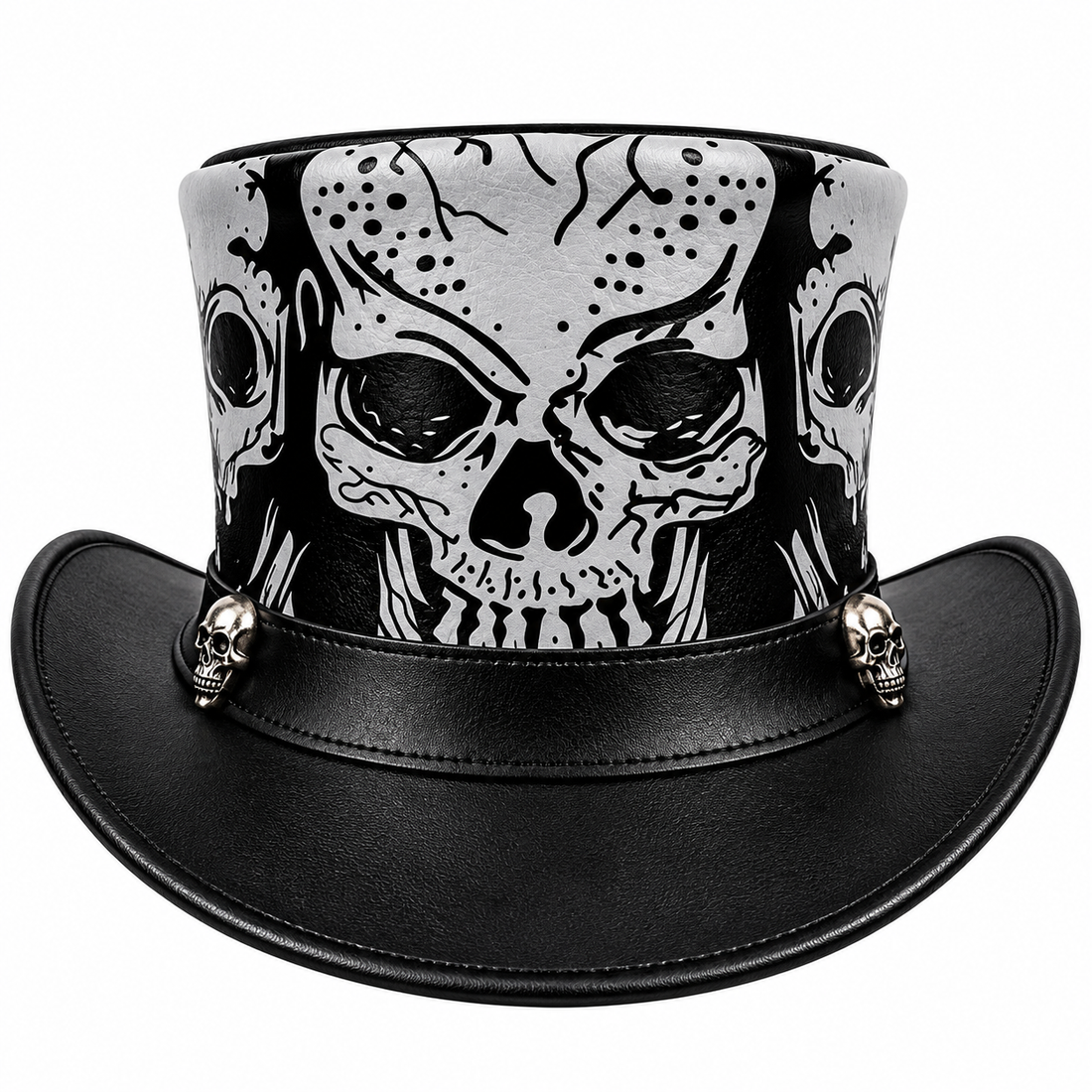 Black Genuine Leather Skull Top Hat Silver Gothic Steampunk WesternCowboy Unisex