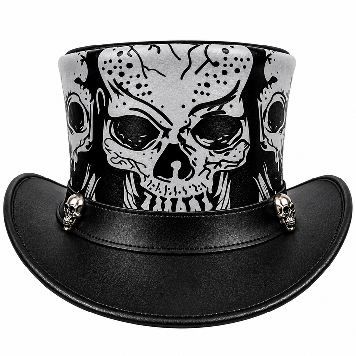 Black Genuine Leather Skull Top Hat Silver Gothic Steampunk WesternCowboy Unisex