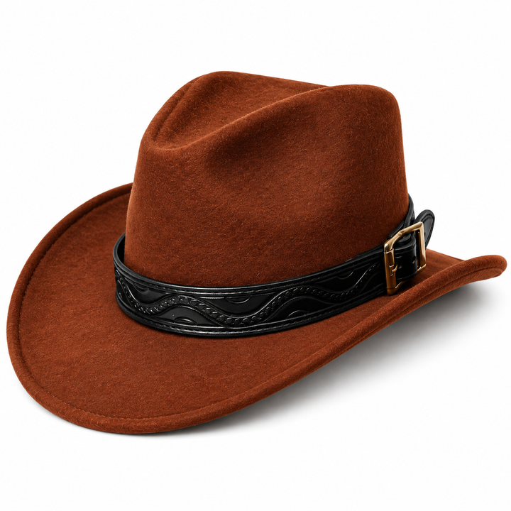 Rust Brown Wool Felt Cowboy Hat Western Tooled Black Leather Band Rancher Buckle