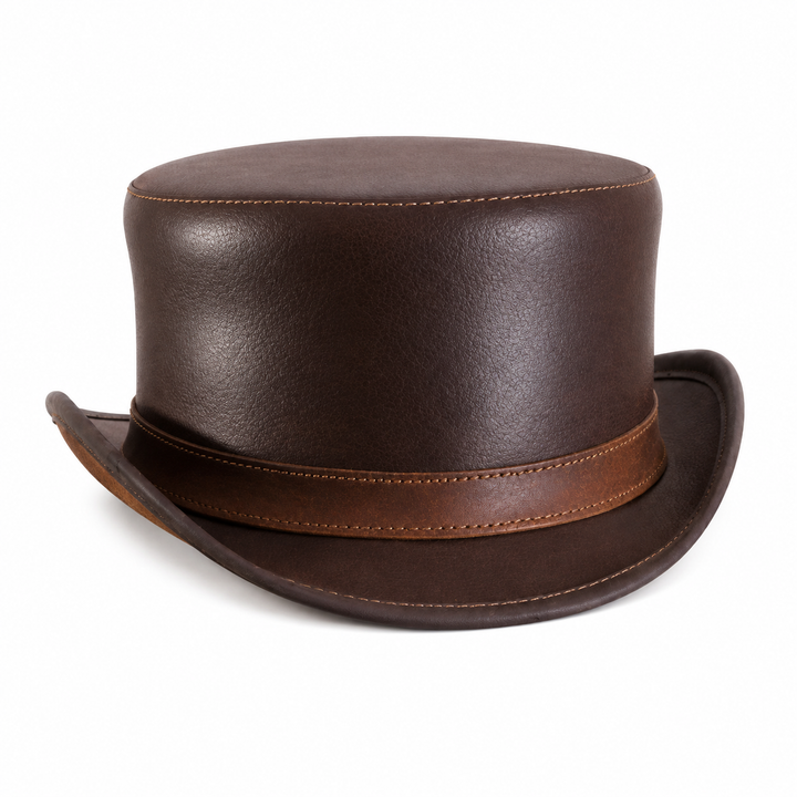Handcrafted Dark Brown Leather Top Hat Matching Stitched Hatband  Steampunk Victorian Cosplay