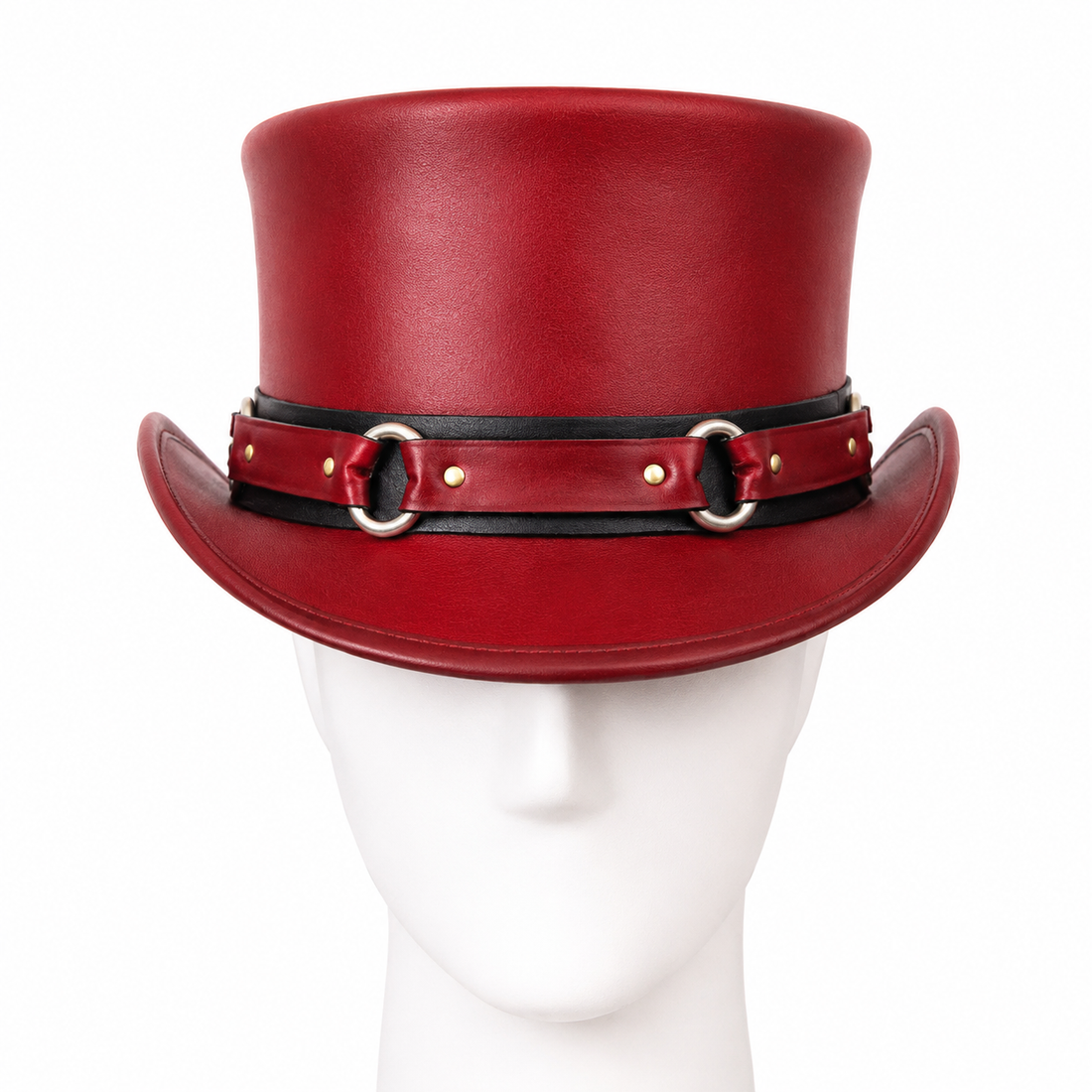 Handmade Red Leather Steampunk Top Hat With Ring Band Festival Cosplay Hat