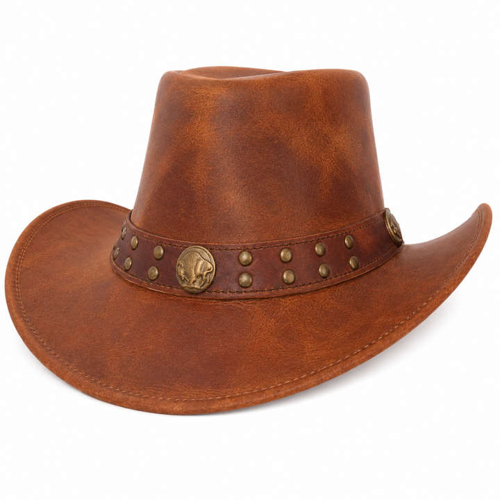 Handmade Brown Leather Cowboy Hat Rustic Western Studded Concho Band Outdoor Style