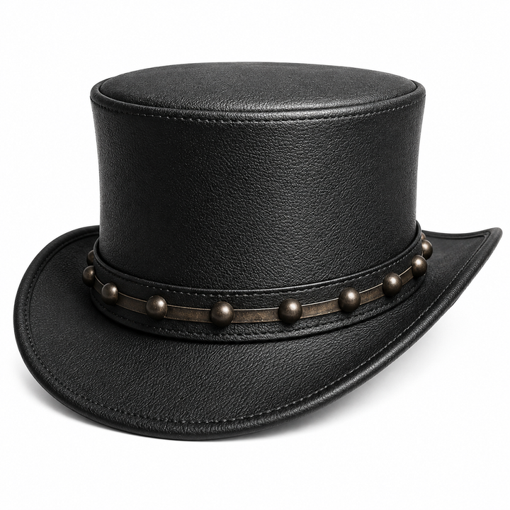 Handmade Black Leather Top Hat Steampunk with Studded Band Bold Western Gothic