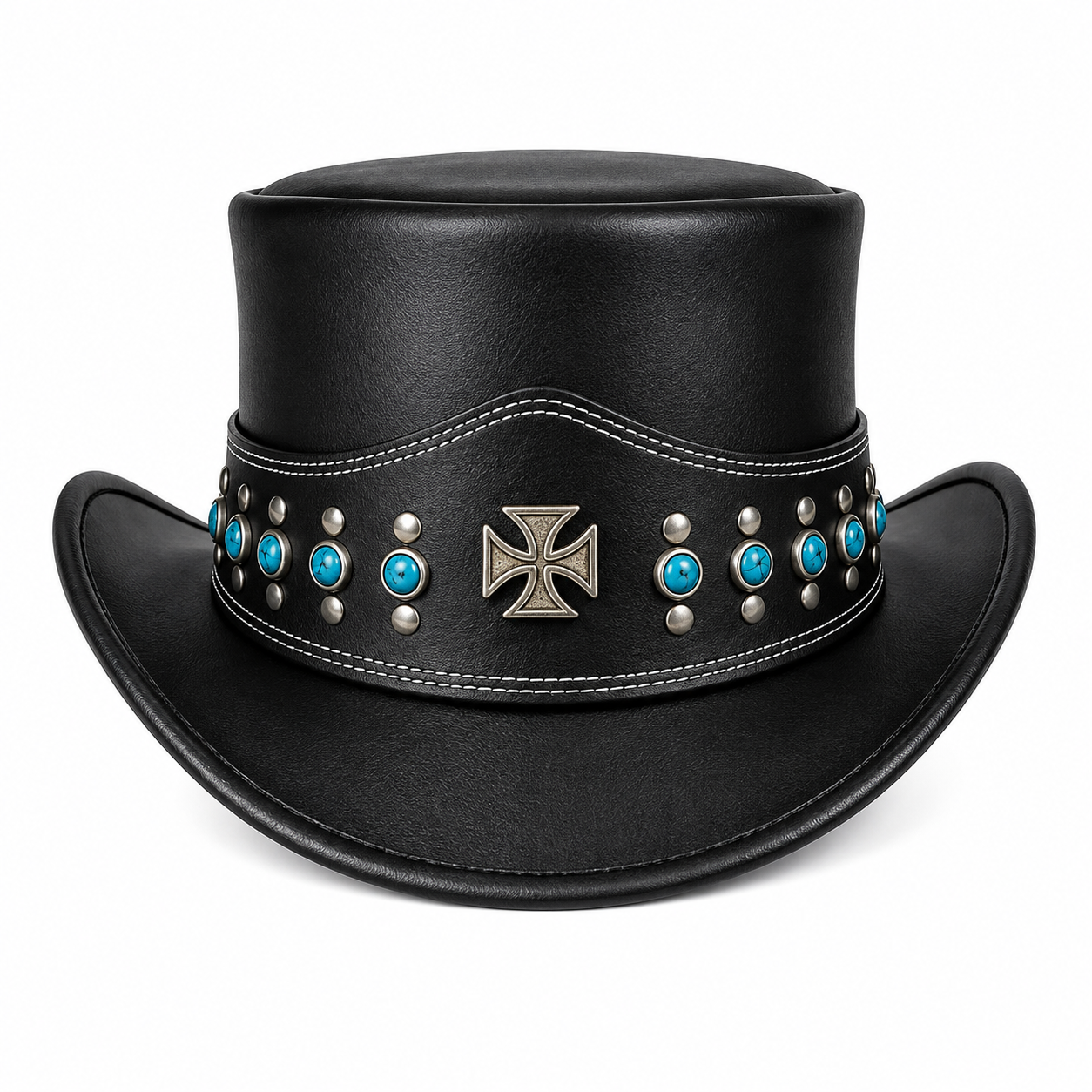 Handmade unisex Black Leather Studded Steampunk Top Hat For Cosplay Festivals And Themed Fashion