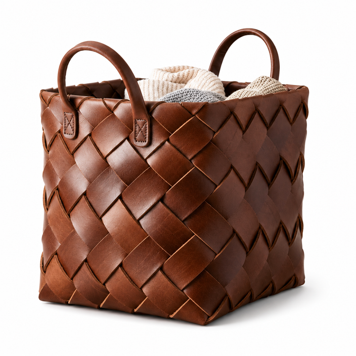 Handmade Brown Storage Leather Basket Firewood Vintage Woven