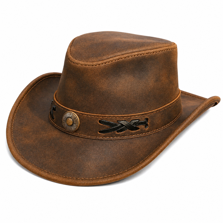 Handmade Full Grain Leather Cowboy Hat  Western Outback Style Unisex Brown