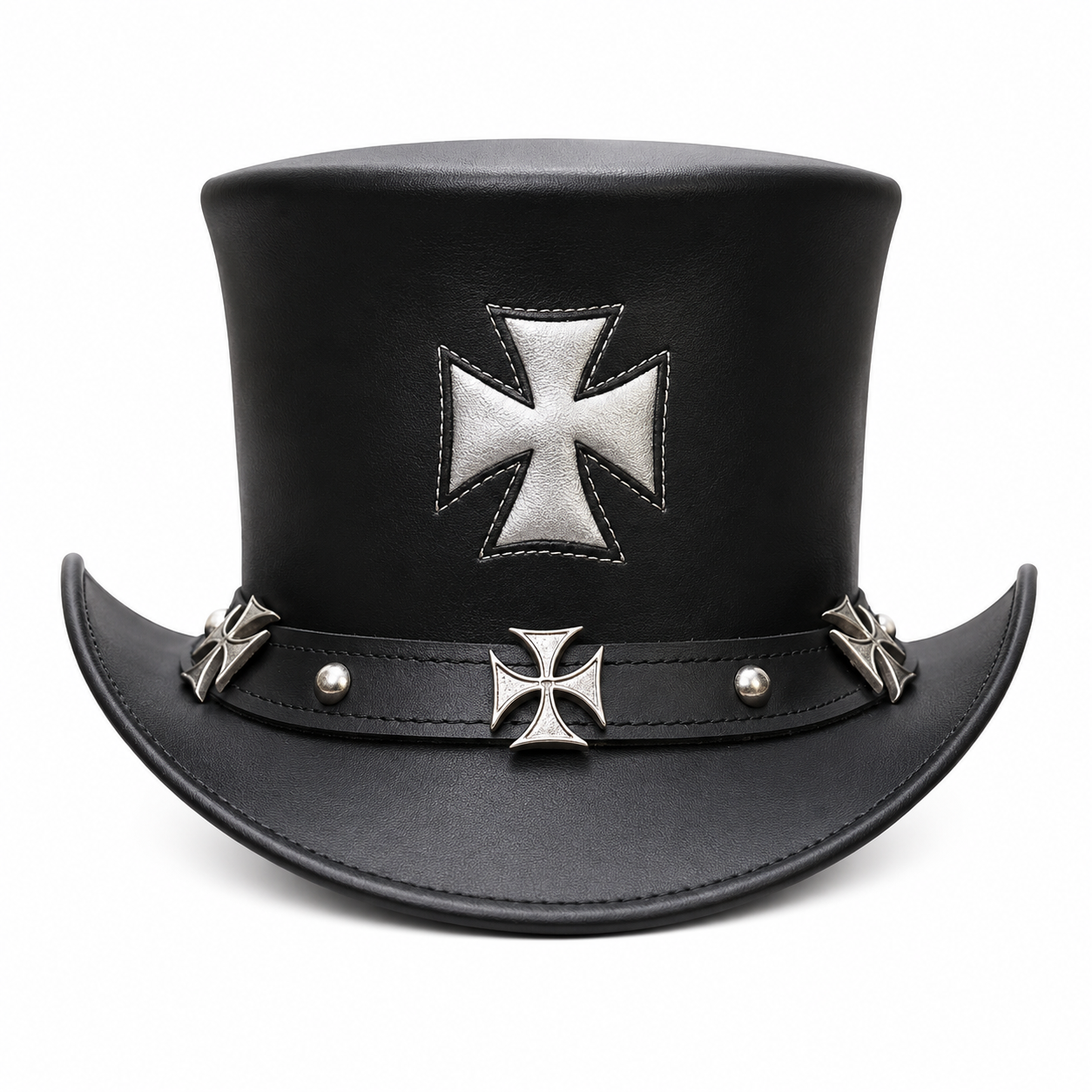 Handmade Black Leather Steampunk Top Hat Gothic Biker Iron Cross Cosplay  Festival Gift