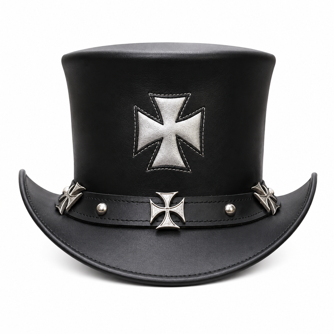 Handmade Black Leather Steampunk Top Hat Gothic Biker Iron Cross Cosplay  Festival Gift