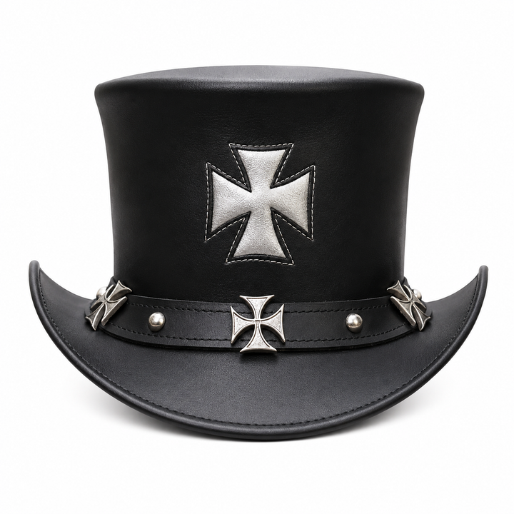 Handmade Black Leather Steampunk Top Hat Gothic Biker Iron Cross Cosplay  Festival Gift