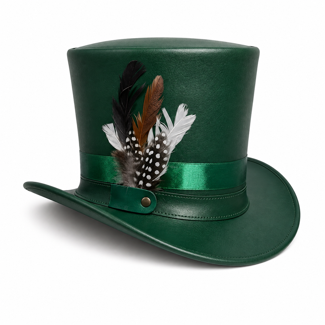Handmade Green Leather Top Hat Steampunk Victorian Cosplay with Feather Detail