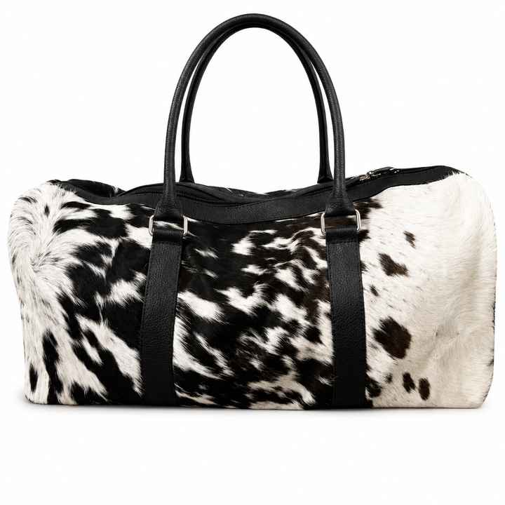 Black  White Cowhide Duffle Bag Handmade Western Weekender