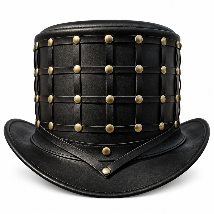 Black Genuine Leather Cage Top Hat Gothic Steampunk Punk Studded Rivet Handmade