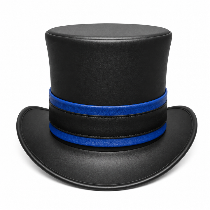 Handmade Black Leather Top Hat Steampunk Gothic Cosplay with Blue Band