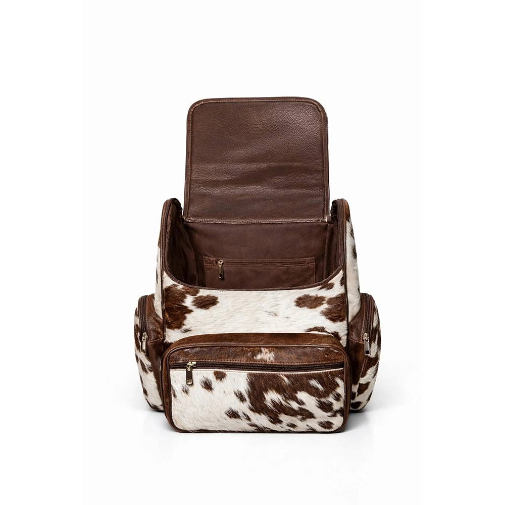 Handmade Genuine Cowhide Backpack  Brown & White Spotted Leather Backpack  Large Western12