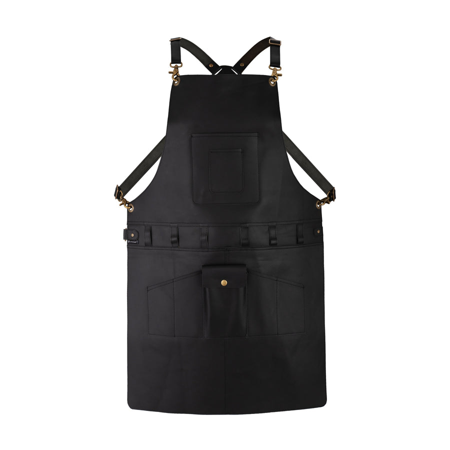 Premium Black Leather Utility Apron with Tool Organizer Adjustable Cross Back Harness