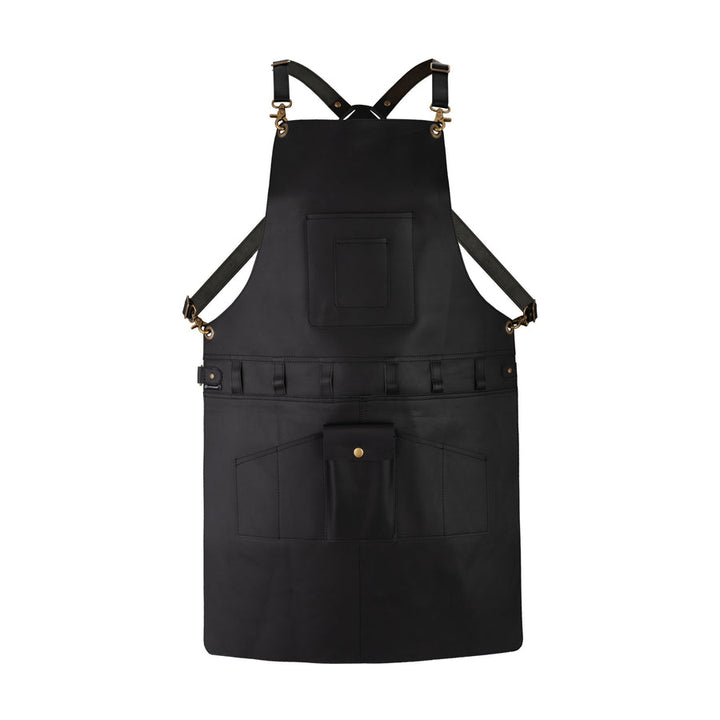 Premium Black Leather Utility Apron with Tool Organizer Adjustable Cross Back Harness