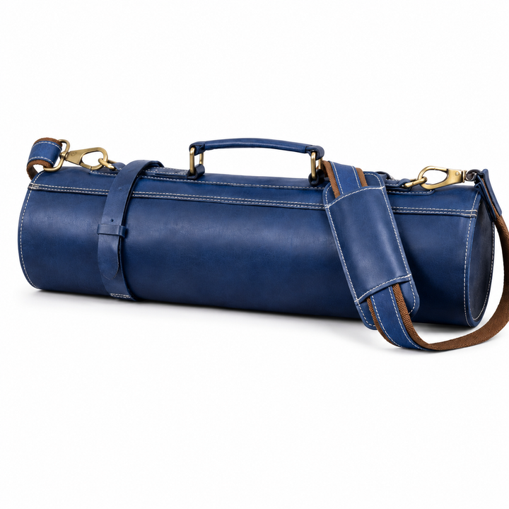 Personalized Blue Leather Knife Roll With Shoulder Strap