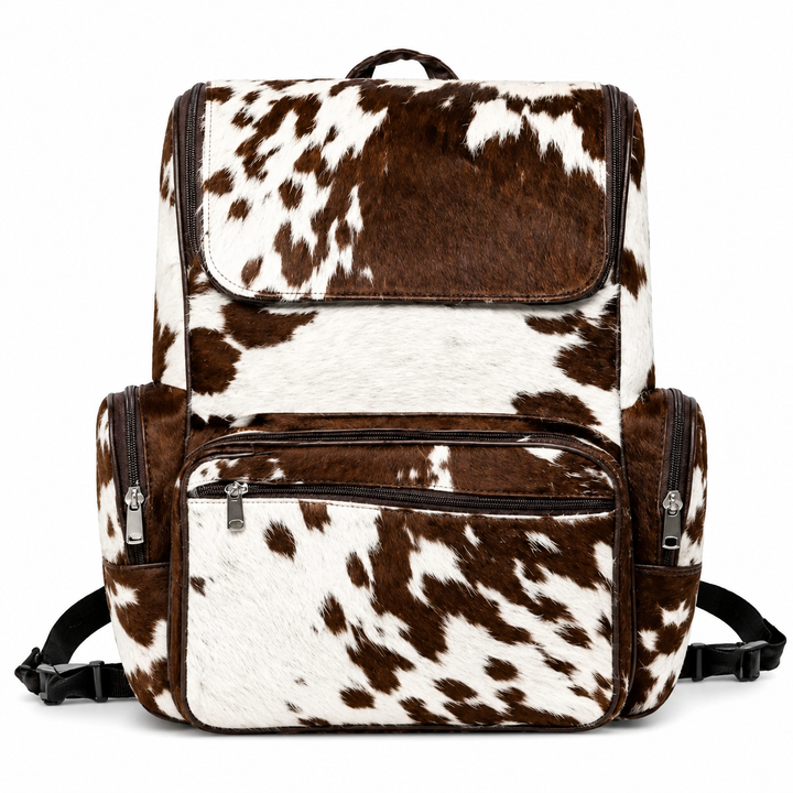 Handmade Cowhide Leather Backpack  Brown  White Western Rucksack.