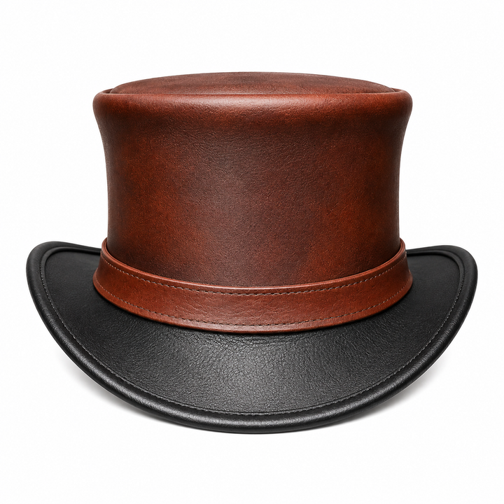 Handmade Brown  Black Leather Top Hat Victorian Steampunk Gothic Cosplay Hat