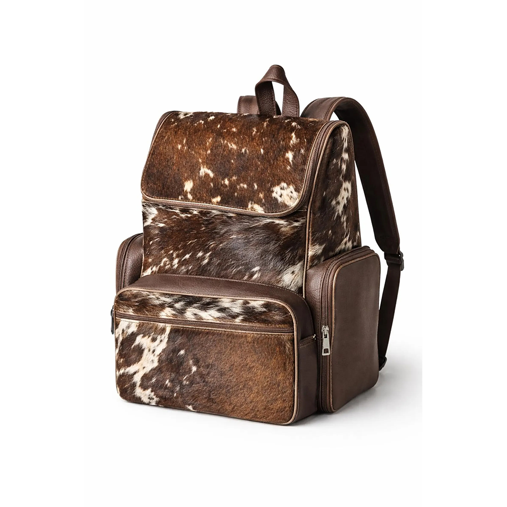 andmade Genuine Cowhide Backpack  Brown & White Spotted Leather Backpack  Large Western