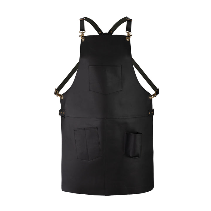 Handcrafted Black Full Grain Leather Apron with Tool Pockets  Adjustable Cross Back Straps
