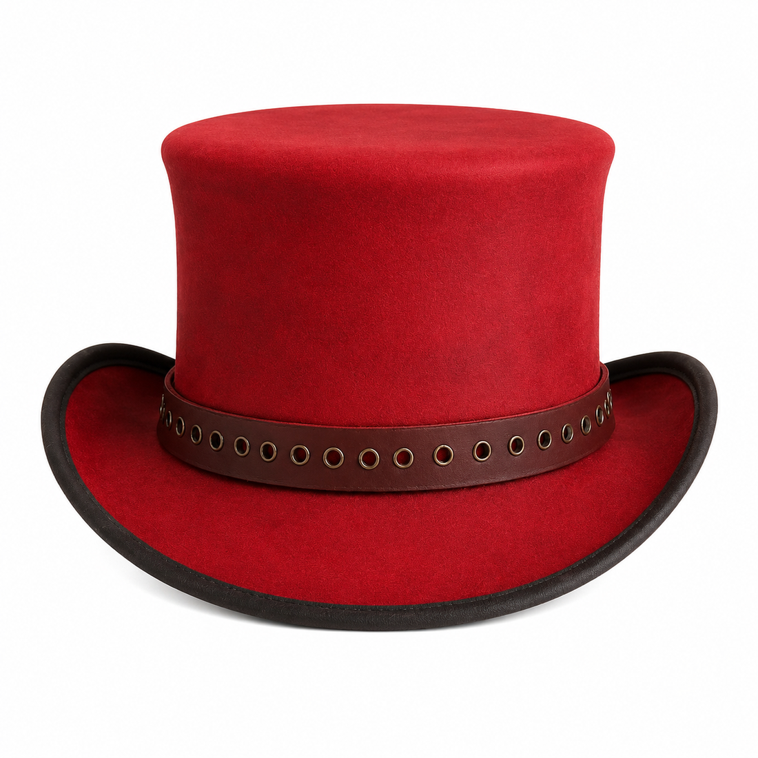Handmade Red Leather Top Hat With Eyelet Band Gothic Steampunk Style