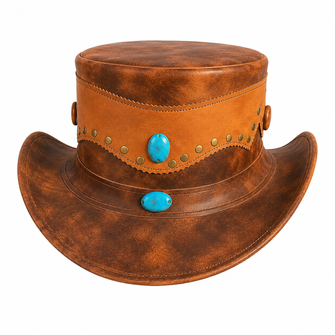 Handcrafted Brown Leather Top Hat with Turquoise Stones Steampunk Western Gothic Festival