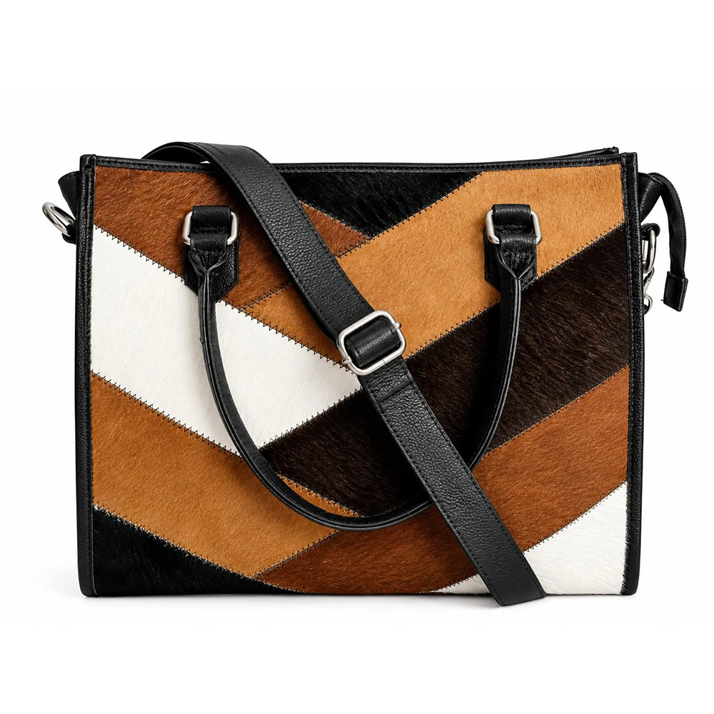 Cow Hairon Leather Tote Bag Western Patchwork Bohemian Handbag1