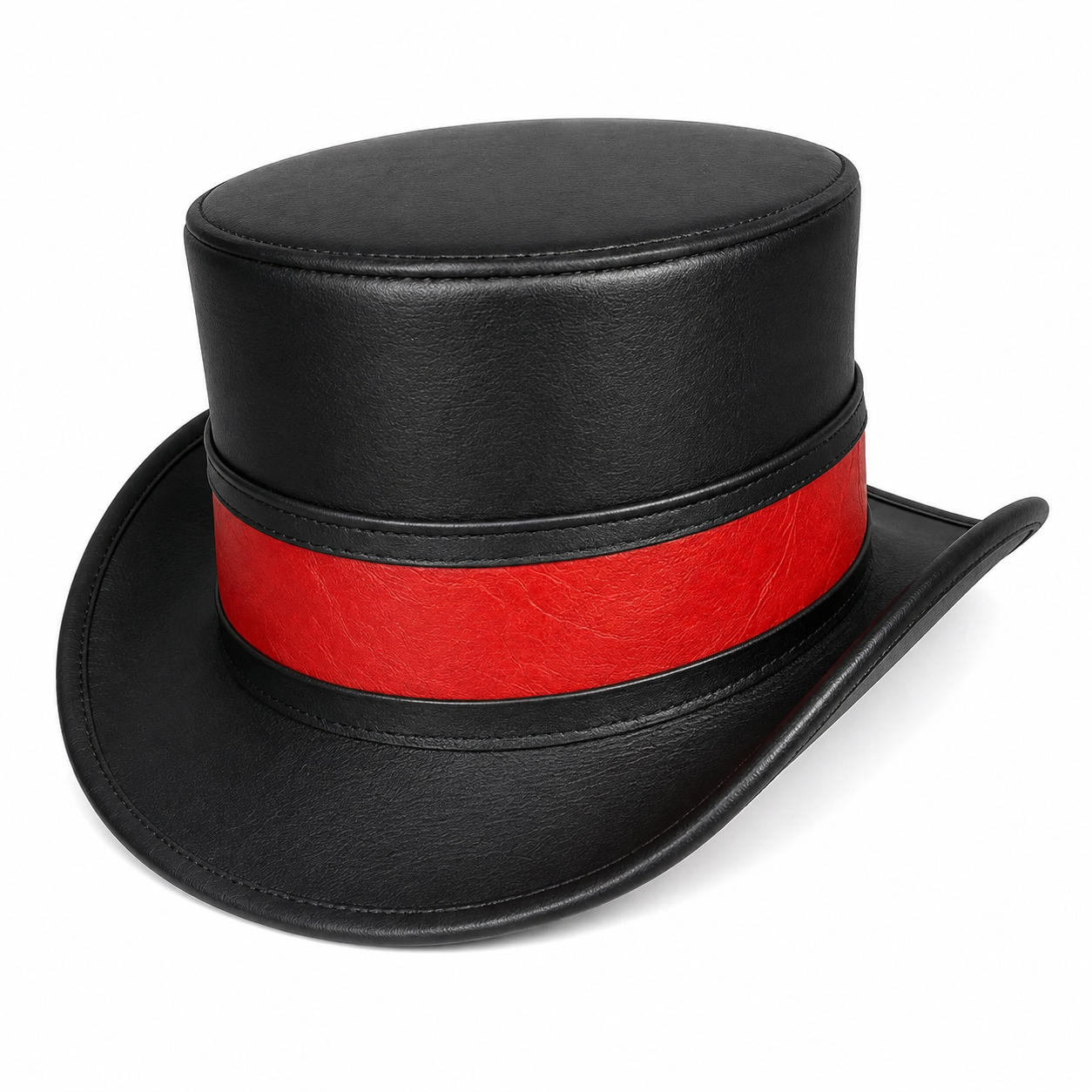 Handmade Black Leather Top Hat with Contrasting Red Band  Handcrafted Victorian Steampunk Hat
