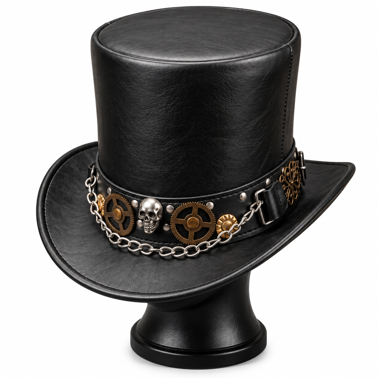 Black Steampunk Gothic Top Hat Mens Womens Victorian Gear Skull Chain Costume