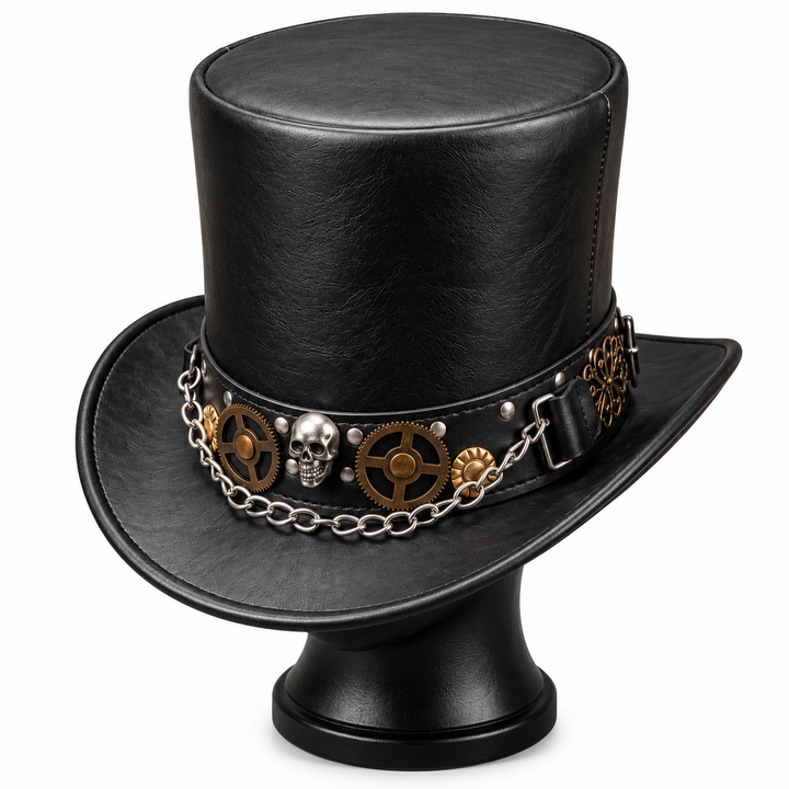 Black Steampunk Gothic Top Hat Mens Womens Victorian Gear Skull Chain Costume