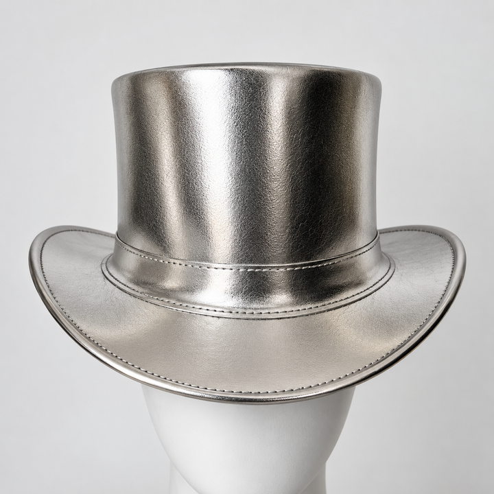 Marlow Premium Genuine Leather Top Hat Metallic Silver Steampunk Festival S 3X