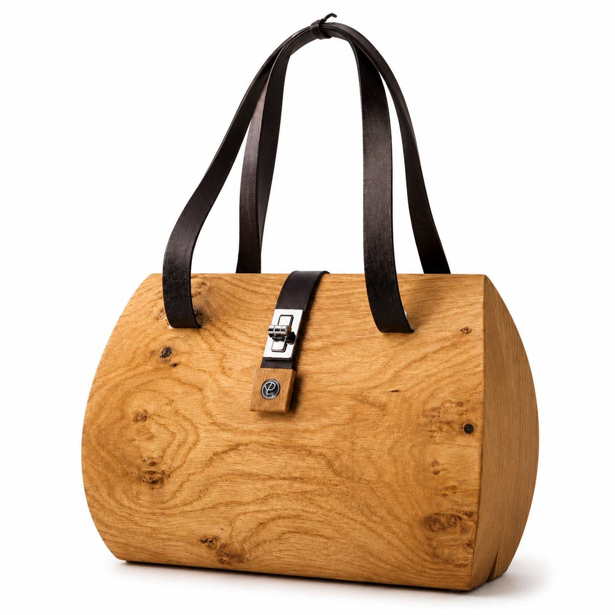 Solid Oak Burl Wood Handbag Black Leather Top Handle Purse Carved Clutch Bag