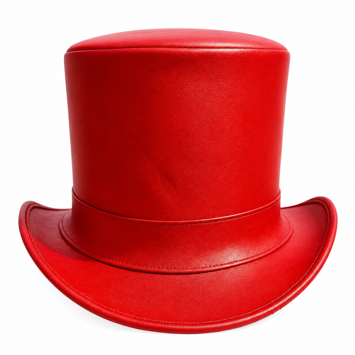 Red Leather Top Hat Bold Curved Brim Artistic Festival Wear