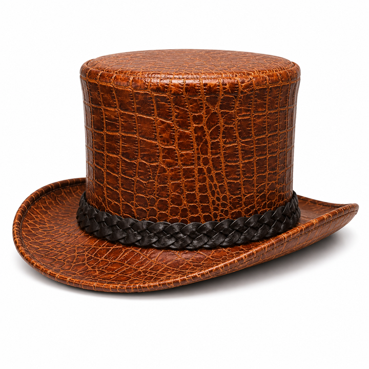 Handmade Brown Crocodile Leather Top Hat Steampunk Gothic Western Hat