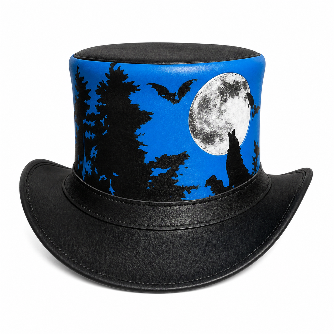Handmade Leather Top Hat Gothic Steampunk Moon Forest Bats Design