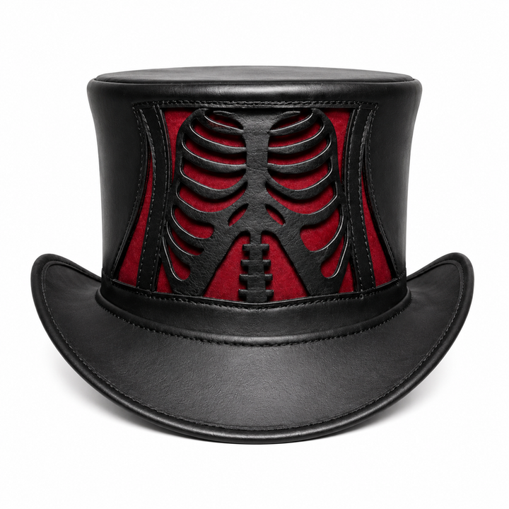 Handmade Black Leather Skeleton Ribcage Top Hat Gothic Steampunk Halloween Cosplay