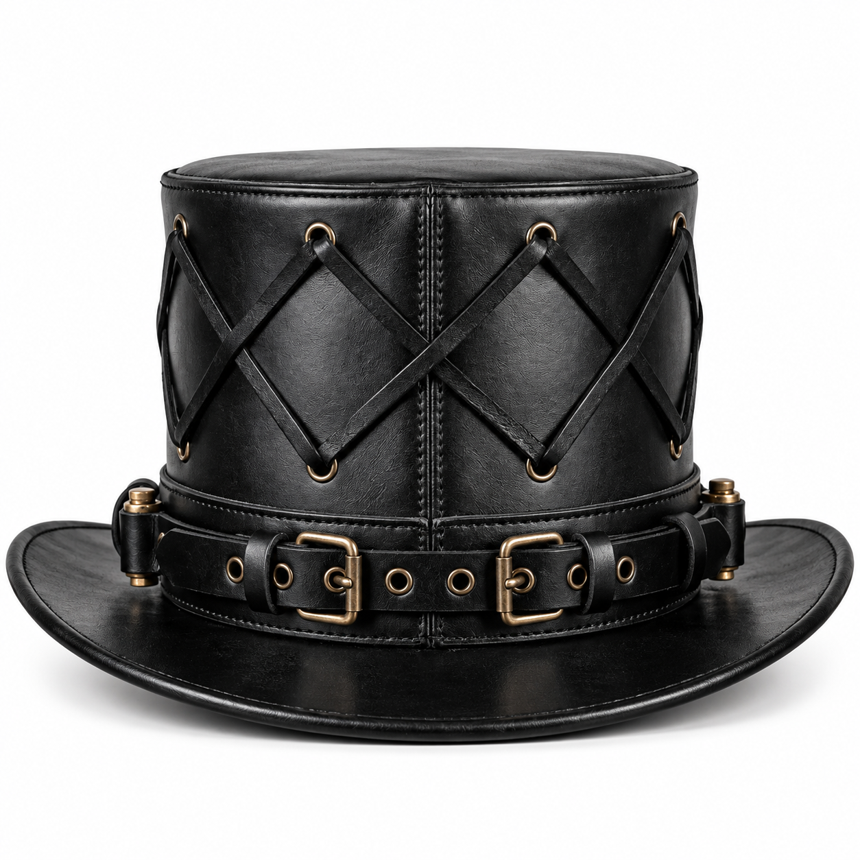 Black Leather Gothic Top Hat Steampunk Victorian Cowboy Costume Adjustable Strap
